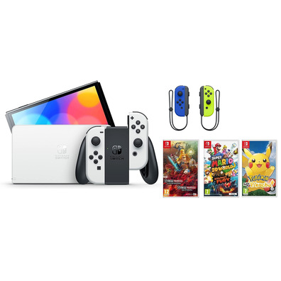 Nintendo Switch OLED (Blanca) + 3 Juegos + Joy Con Set (Azul/Amarillo)